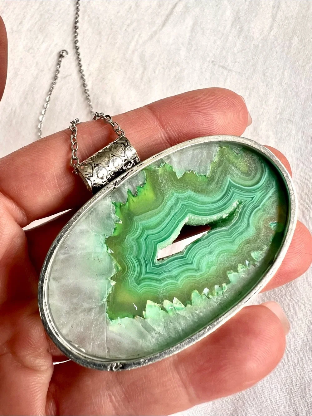 925 Micro Quartz Crystals + Bright Green Banded Agate Solar Pendant Necklace